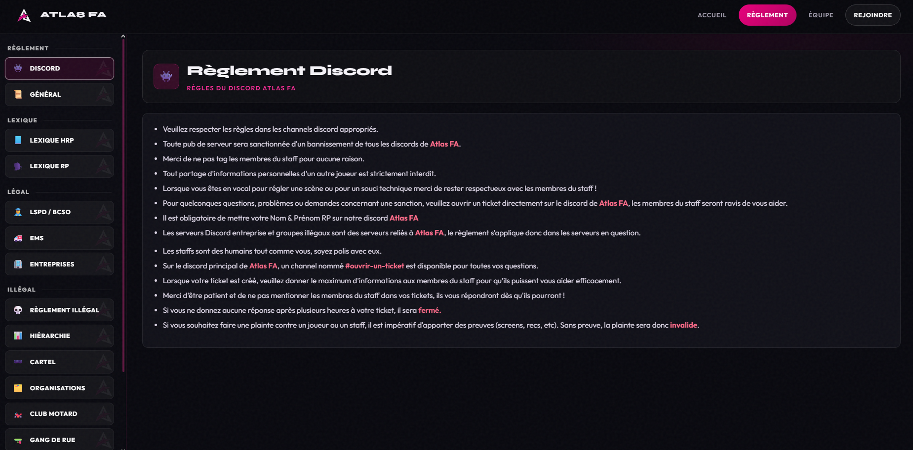 Atlas FA - page règlement Discord