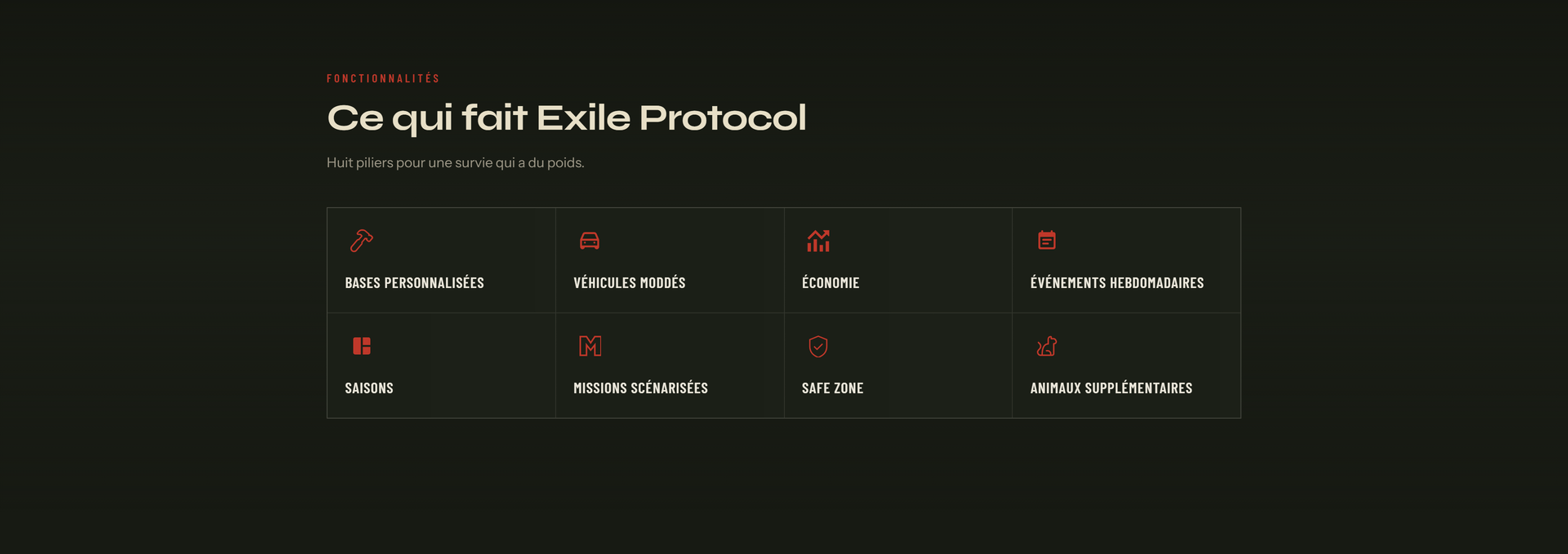Exile Protocol - page fonctionnalités